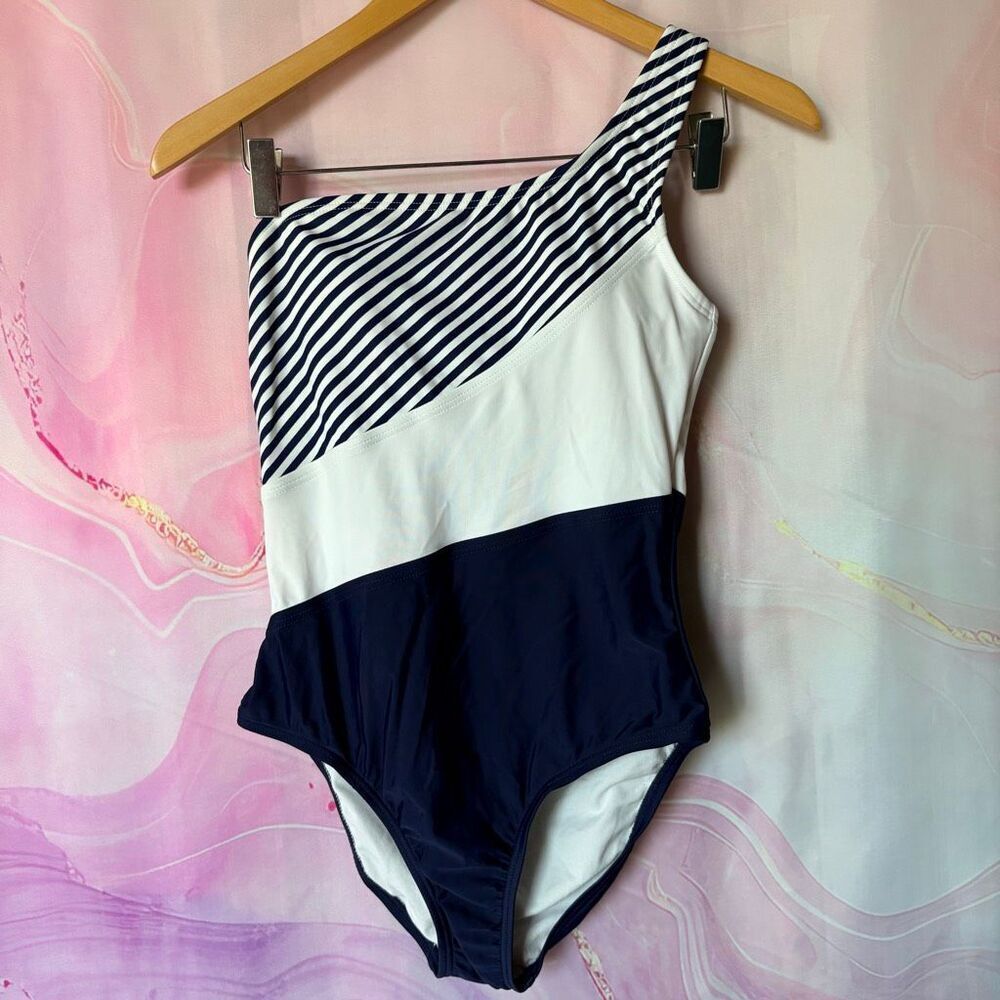 Kona Sol S Asymmetrical One Strap Navy Blue Diagonal Stripe Nautical Swimsuit